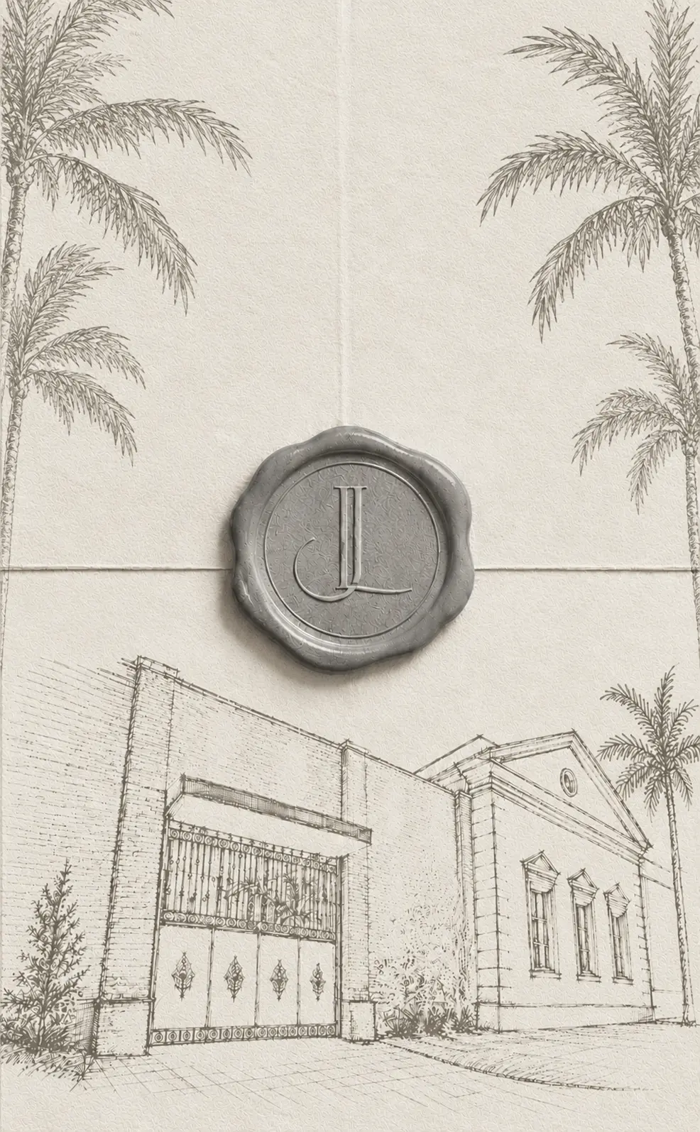 Convite com desenho da Villa Aurora e selo de cera com o monograma JL